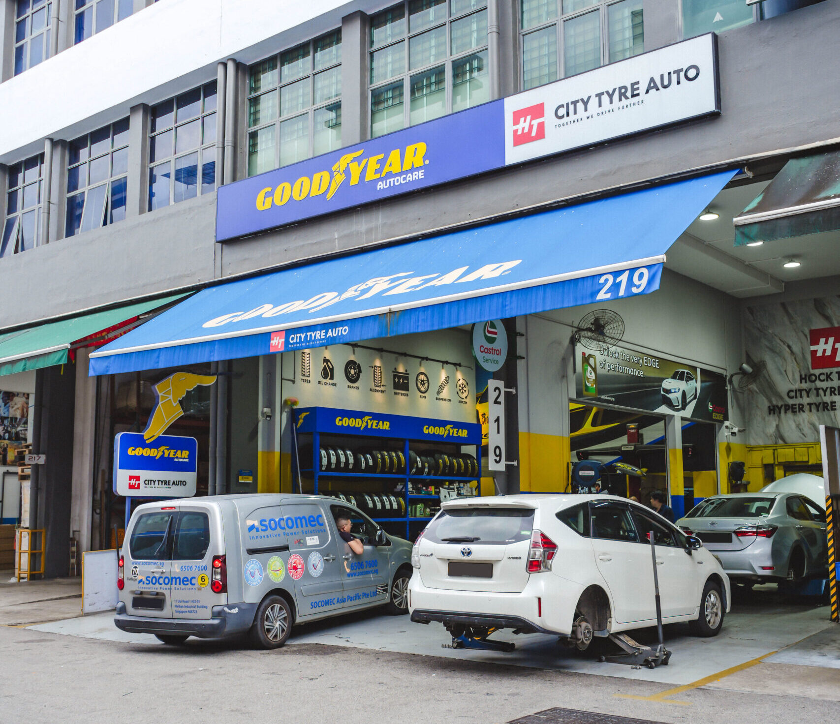 City Tyre Auto Kaki Bukit workshop exterior at 219 Kaki Bukit Ave 1 showing Goodyear Autocare signage and customer parking area