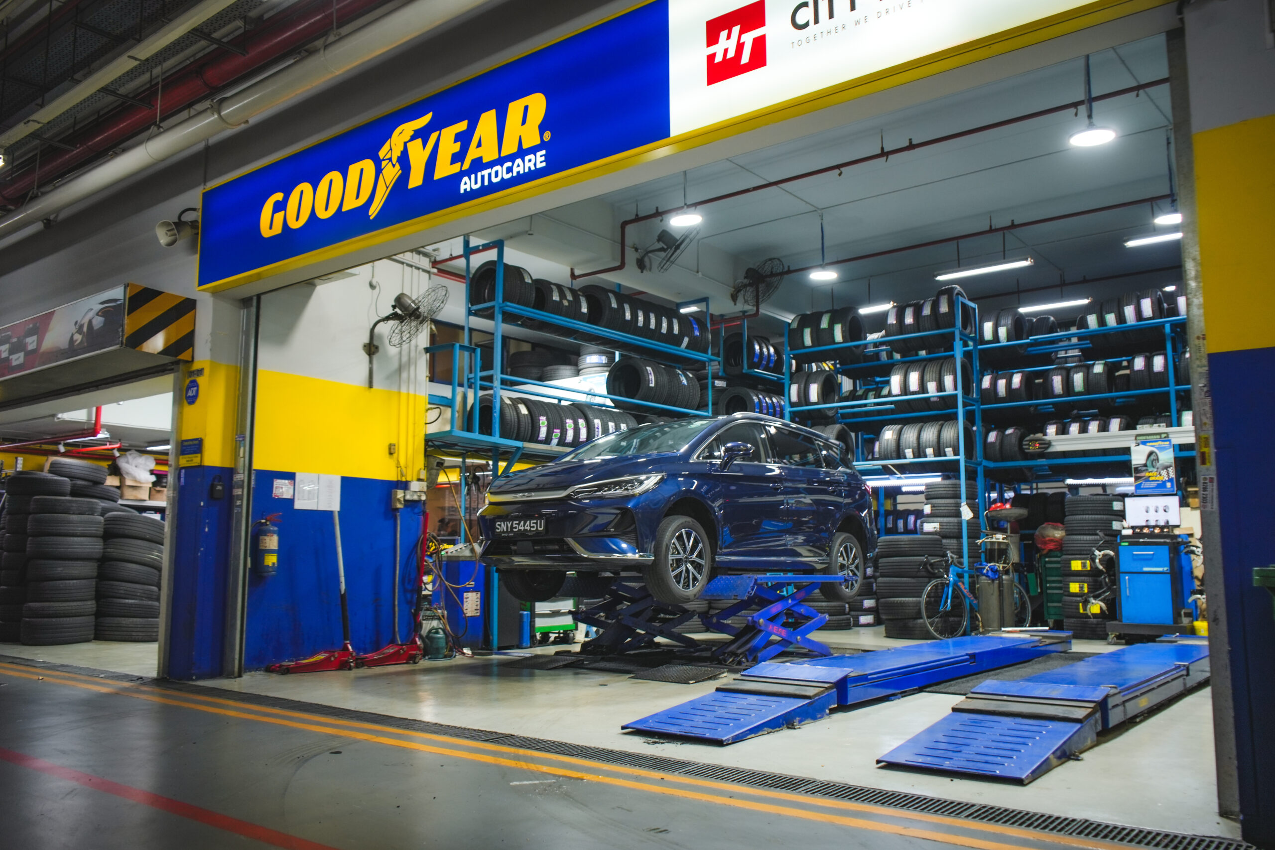 Goodyear tyre display at City Tyre Auto Sin Ming Goodyear Autocare tyre shop showing the full range