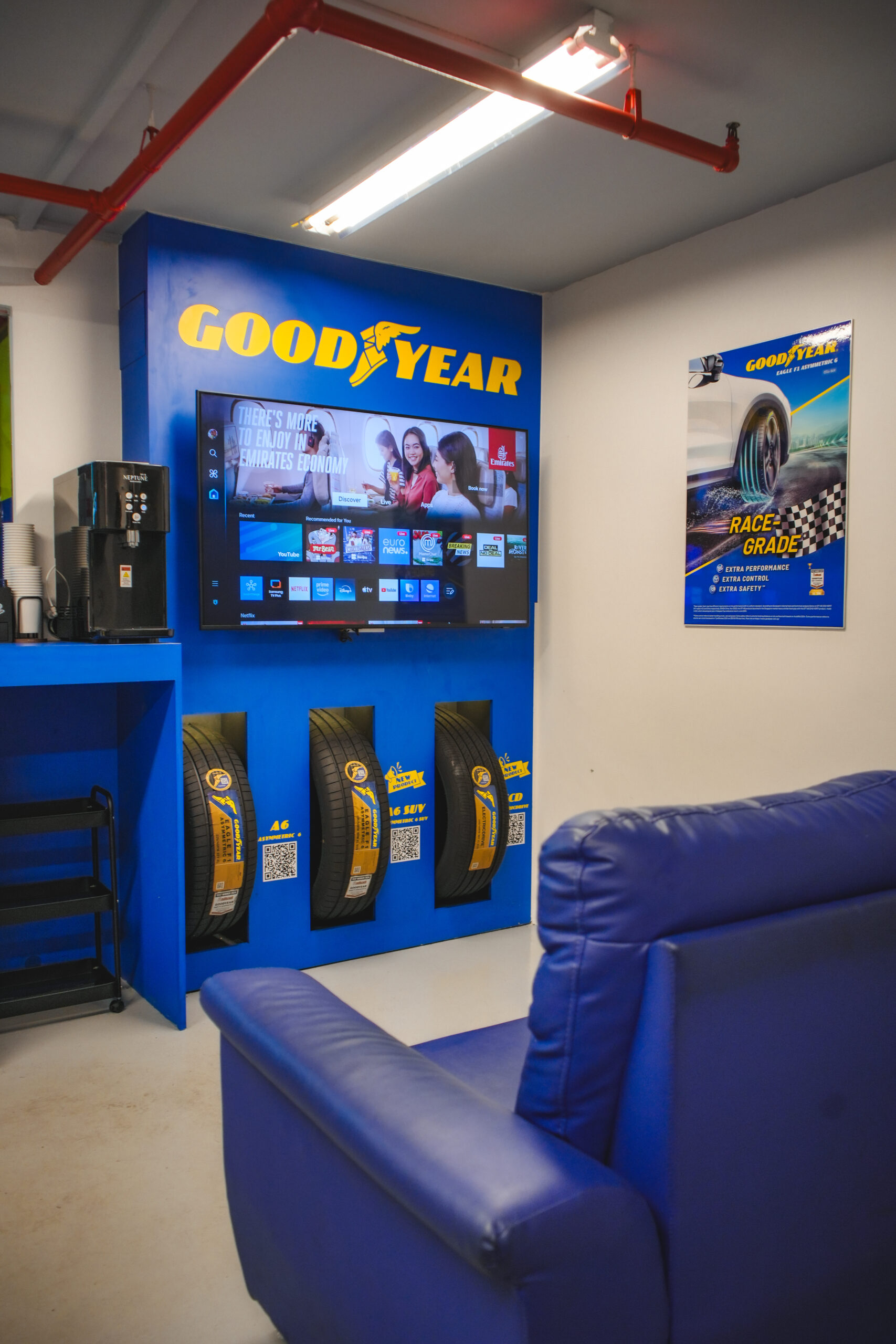 Recently renovated air-conditioned customer waiting area at City Tyre Auto Sin Ming tyre shop
